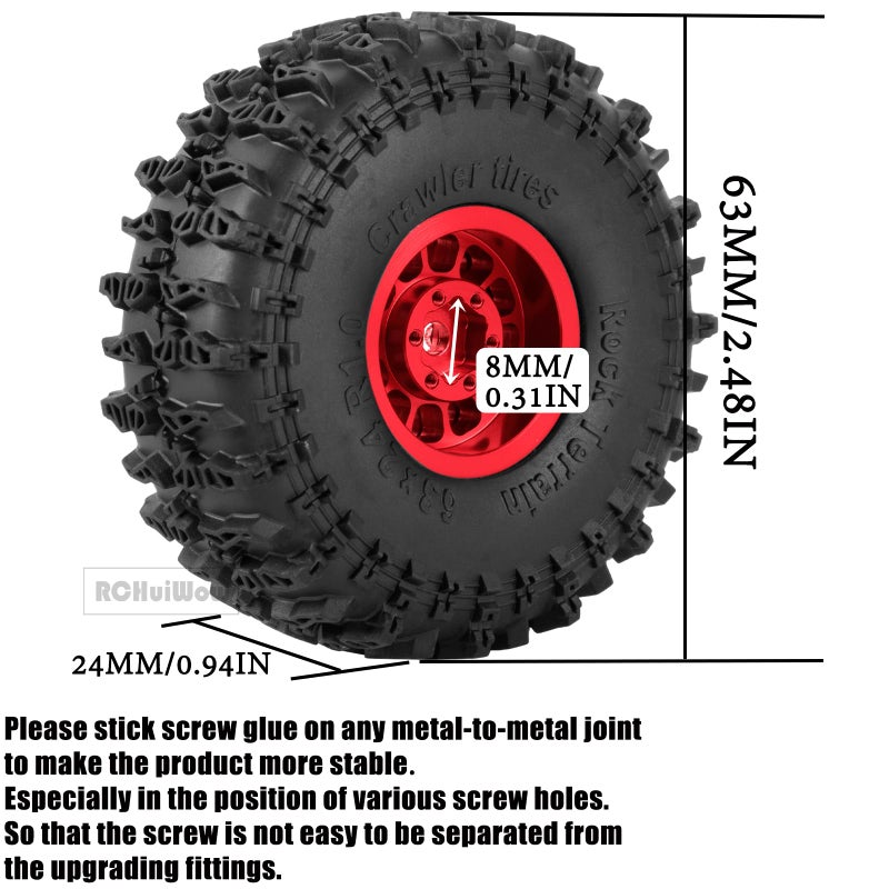 عجلات وإطارات RCHuiWow 1.0 بوصة Beadlock RC لـ 1/18 TRX4M، 1/24 Axai1 SCX24 RC Crawler، 1.0 إطارات Beadlock مع عجلات ألمنيوم 1.0 RC Beadlock Rims، 4 قطع، أحمر - Image 3